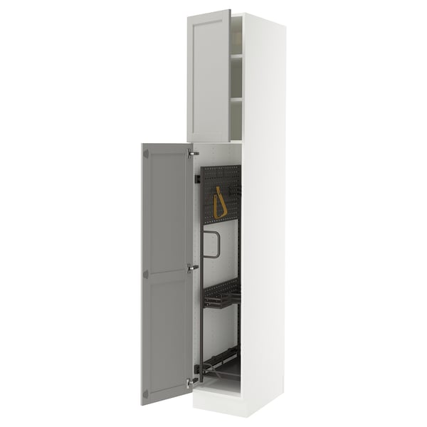 White SEKTION kitchen cabinet with grey lerhyttan doors, open.