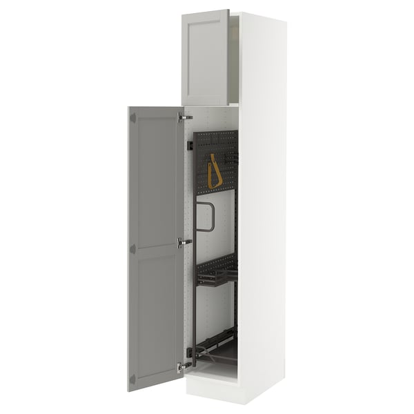 White SEKTION kitchen cabinet, open, grey interior, adjustable shelves, bevelled edges.