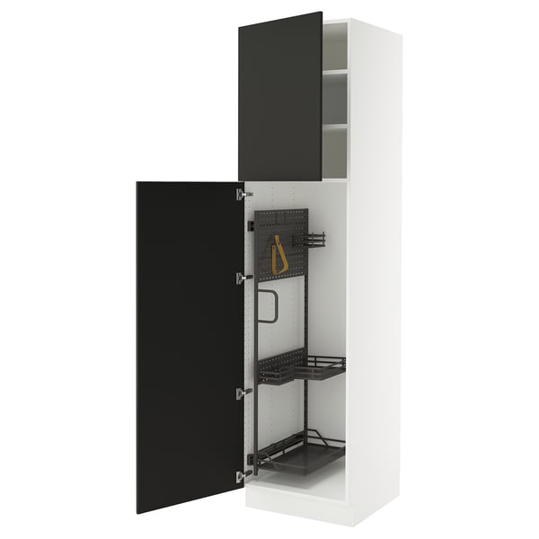 White cabinet with matte black doors; 2 open doors revealing shelves and organisers.