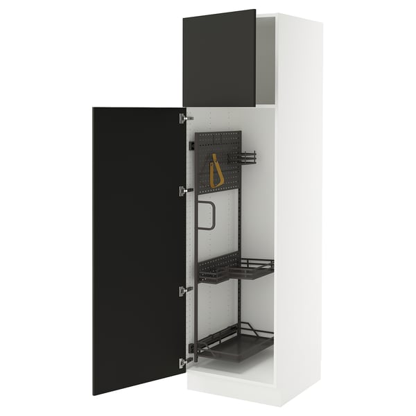 Modern black and white kitchen cabinet with adjustable shelves and styled storage, part of the SEKTION system.