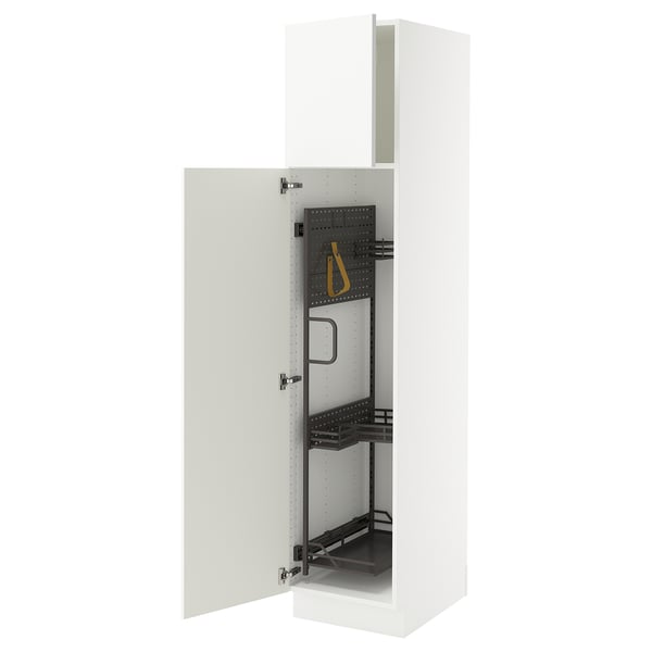 White SEKTION kitchen cabinet with glossy door, open showing interior shelves.