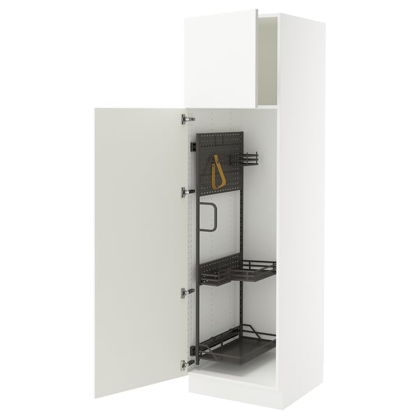 Depicts a white SEKTION kitchen cabinet with open doors, revealing adjustable metal shelves and a yellow cleaning strap.