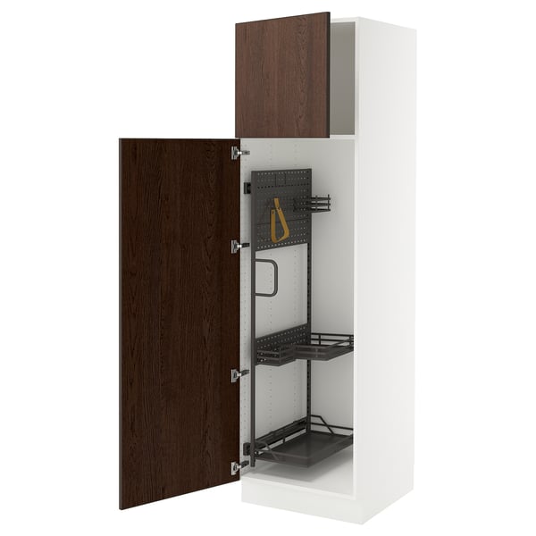 Modern kitchen cabinet: SEKTION, white, wood, adjustable shelves, three doors, including one open with dark brown door.