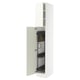 Depicts a SEKTION white tall kitchen cabinet with a single door open, revealing adjustable shelves and a yellow cleaning tool.