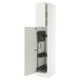 White kitchen cabinet, open showing shelves and hooks. Adjustable, modern design with damper-closing doors.