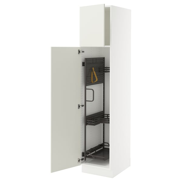 White SEKTION kitchen cabinet with adjustable shelves and yellow strap, open.