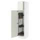 White SEKTION kitchen cabinet with adjustable shelves and yellow strap, open.