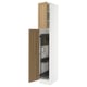 White cabinet with oak doors, open showing shelves.