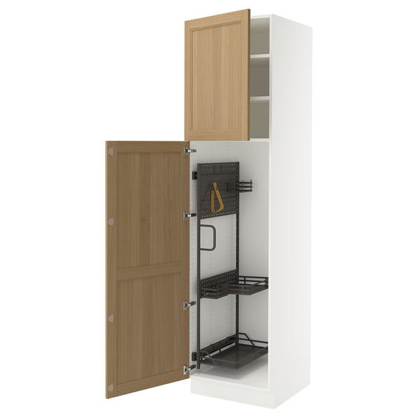An open SEKTION kitchen cabinet with wood doors. Inside, there are metal shelves and organisers.