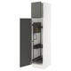White kitchen unit with dark grey doors, adjustable shelves, and integrated handles.