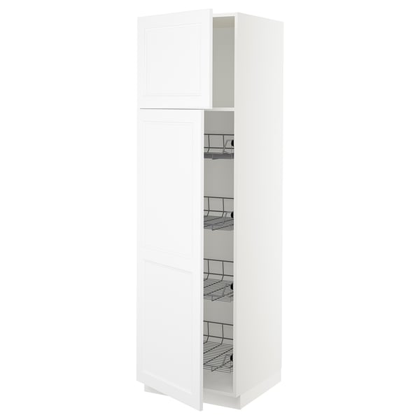 A white SEKTION kitchen cabinet with one door open, revealing metal wire shelves inside.