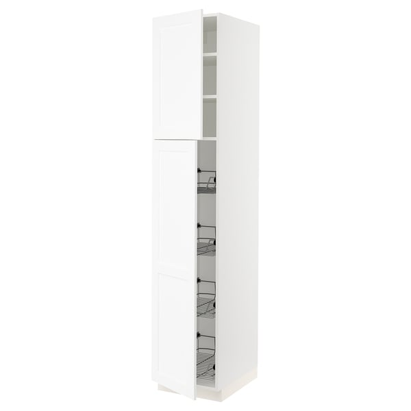 SEKTION white kitchen cabinet with glass door and metal shelves, minimalist design.