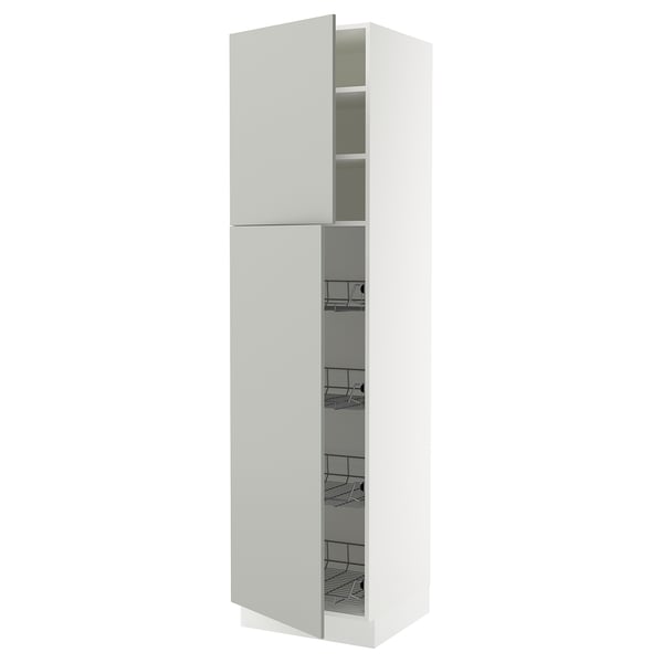 A tall, white SEKTION kitchen cabinet with two doors and wire shelves, highlighted by a clean, modern design.