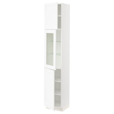 White SEKTION cabinet with glass door, subtle grain, adjustable shelves, snap-on hinges, gentle door close.