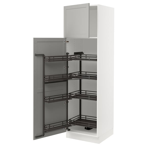 White SEKTION pull-out pantry with 4 black metal shelves, open.