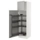 White SEKTION pull-out pantry with 4 black metal shelves, open.