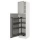White kitchen cabinet with pull-out shelves, sleek modern design, metal frames.