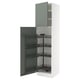 Open kitchen cabinet in white and grey-green with pull-out shelves.