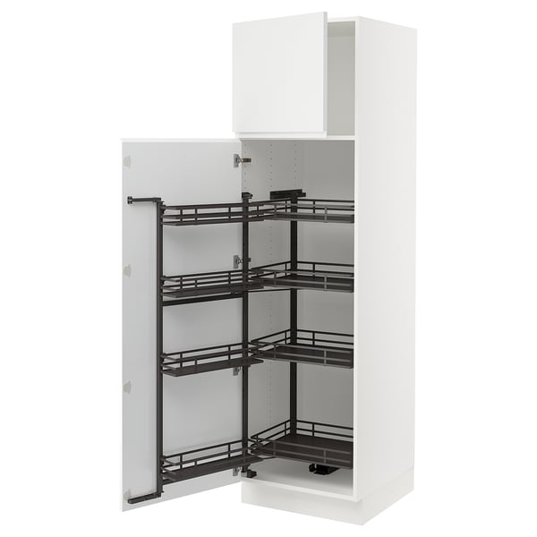 Modern white kitchen cabinet with pull-out shelves.