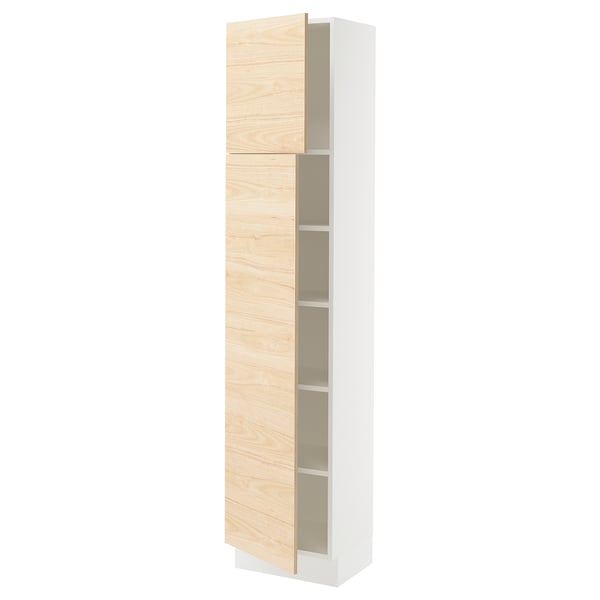 SEKTION kitchen cabinet, light ash wood, tall, white & light brown, three shelves, modern design.