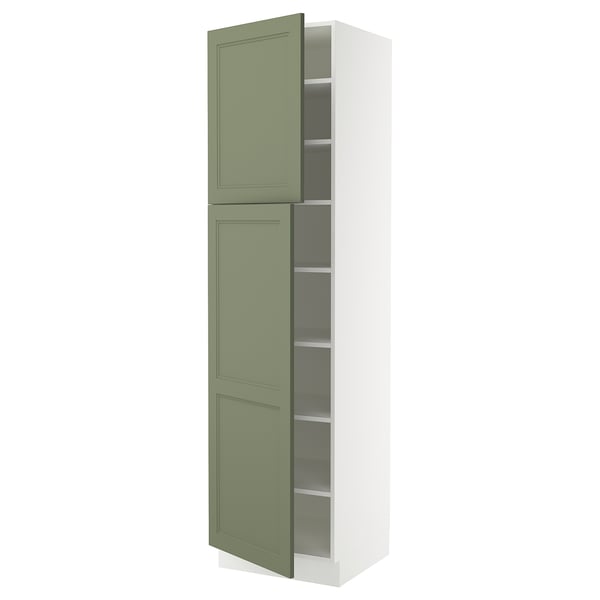 SEKTION kitchen cabinet in grey-green with two adjustable shelves, open door design.