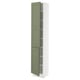 Vertical kitchen cabinet, white with green doors, rectangular, 3 shelves.