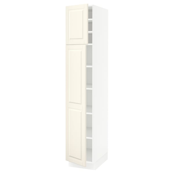 SEKTION white cabinet, off-white doors, adjustable shelves, bevelled edges.