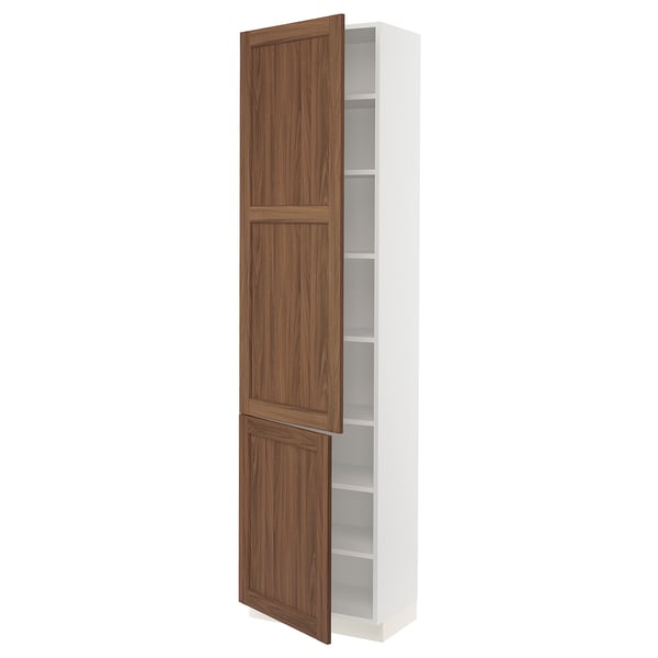 SEKTION kitchen cabinet in white with walnut doors, tall and narrow, with adjustable shelves.