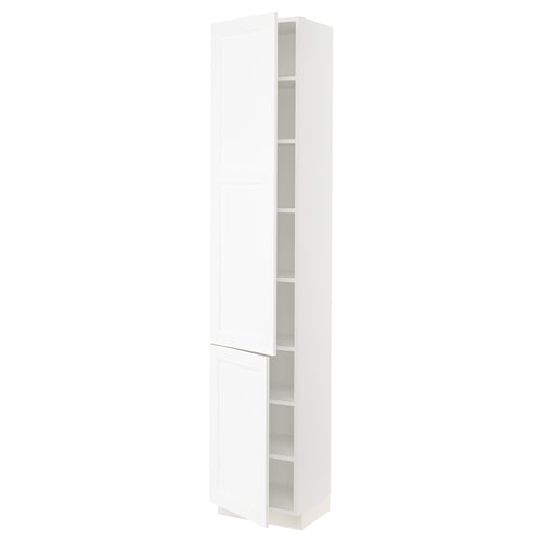 White tall storage cabinet, slim rectangular shape with two doors, sleek modern design.