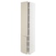 Tall white kitchen cabinet with beige doors & inner shelves, modern minimalist design.