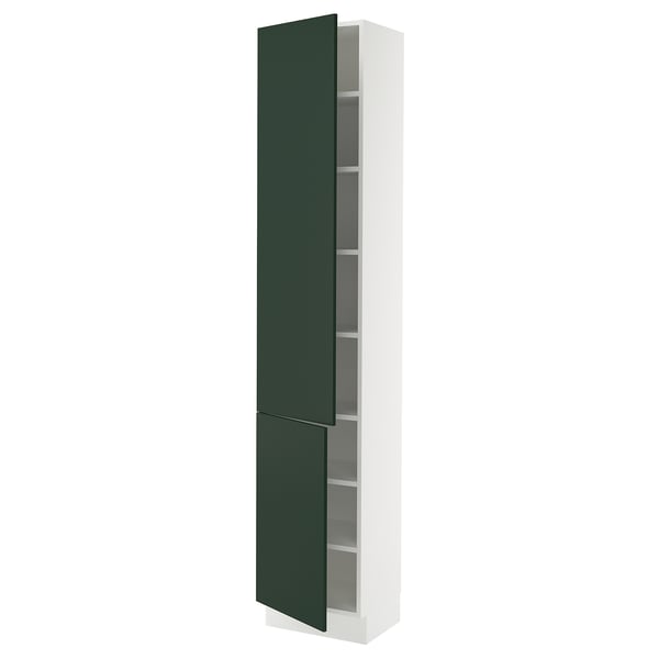 A tall white and green kitchen cabinet. The cabinet adjustable shelves and green-colored doors, offering storage space.
