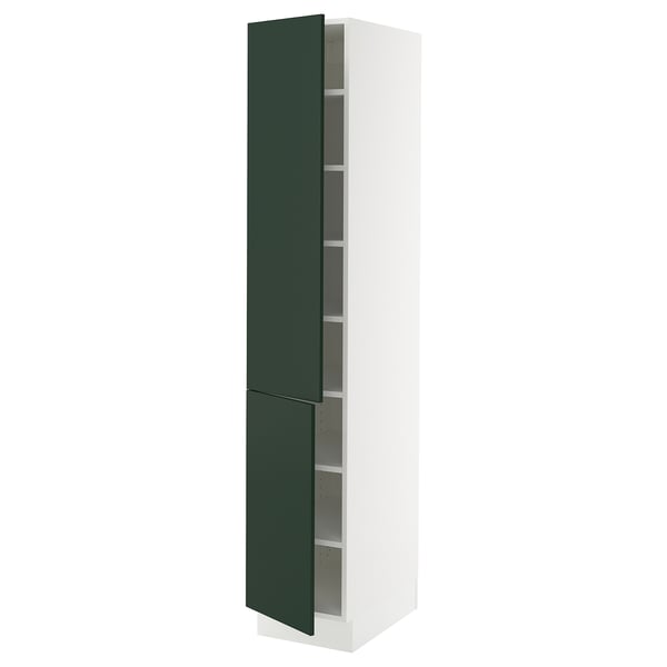 SEKTION kitchen cabinet: tall, white, green door, adjustable shelves, modern design.