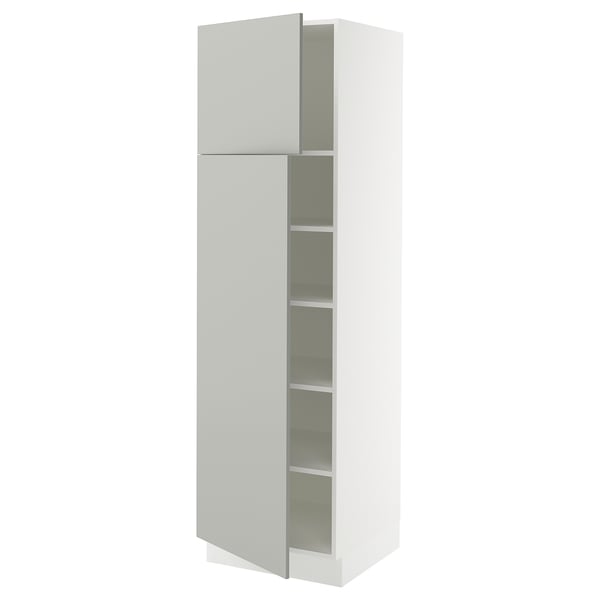 White kitchen cabinet, modern, high, grey doors, adjustable shelves, sleek design.