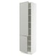 White SEKTION cabinet, light grey, tall, modern design, one open door revealing shelves.