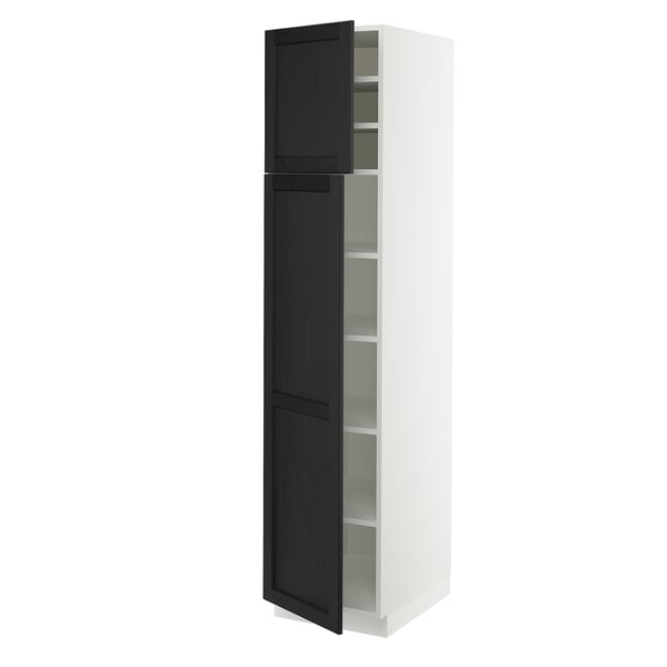 SEKTION kitchen cabinet in white and dark wood, slim and tall with adjustable shelves and black hinges.