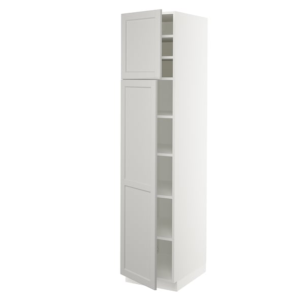White SEKTION tall kitchen cabinet with four shelves, modern design, bevelled edges.