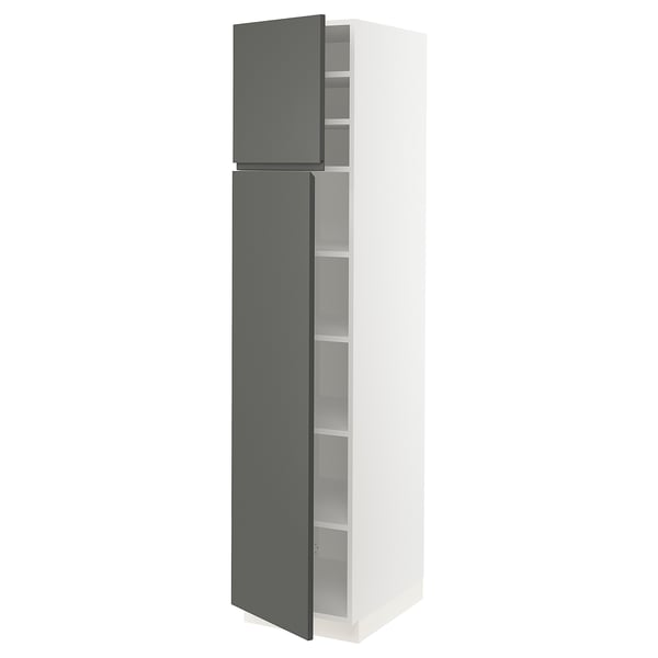 Ikea SEKTION kitchen cabinet in dark grey with white frame, adjustable shelves, modern design.