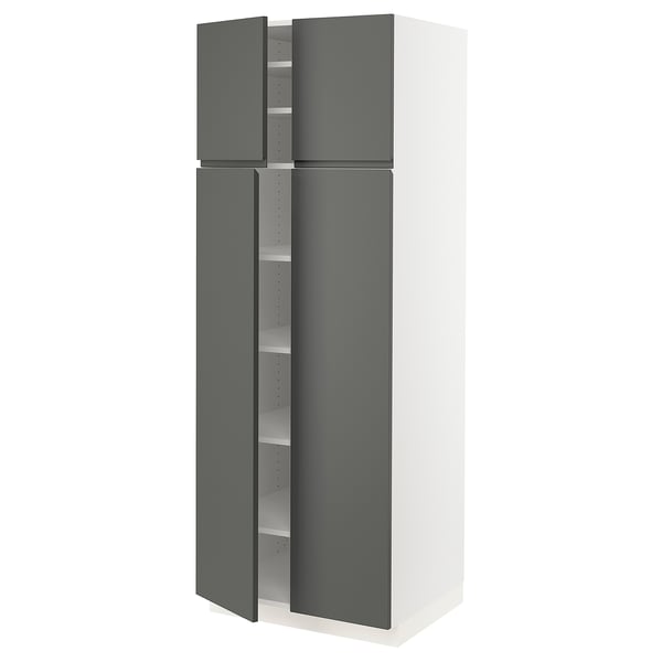 Modern tall kitchen cabinet with grey doors and white frame, sleek design.