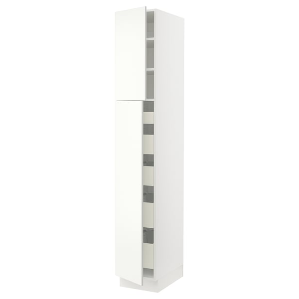 A white SEKTION cabinet with adjustable shelves and a smooth door mechanism.