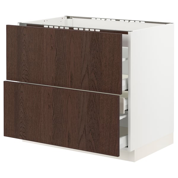 Ikea SEKTION kitchen unit, dark brown sinarp drawers with oak veneer, white cabinet, rectangular, modern design.