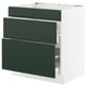 An ikea SEKTION kitchen cabinet with three green drawers and a white frame.