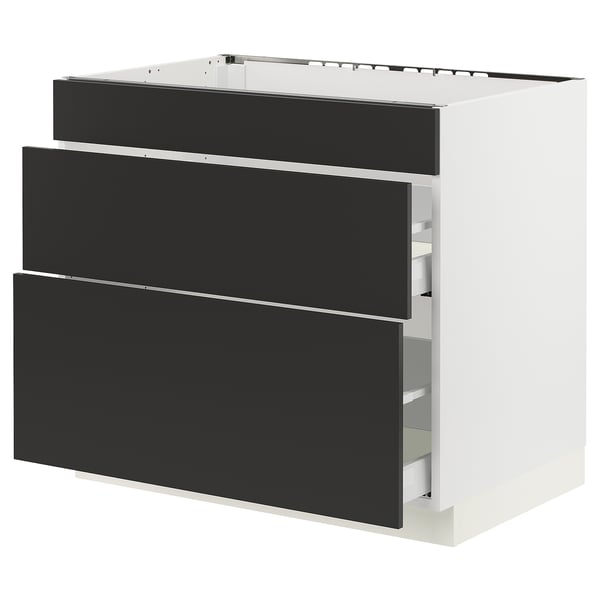 This image shows an ikea SEKTION kitchen cabinet in white with black drawers.