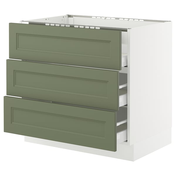 SEKTION kitchen unit with 3 green-gray drawers and white base.