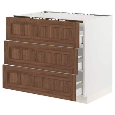 SEKTION kitchen storage, walnut drawer fronts, white base, three pull-out drawers, classic wood design.