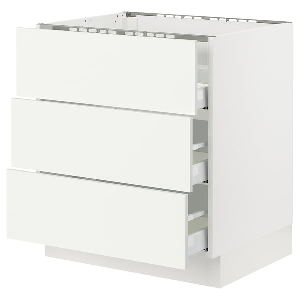 White SEKTION kitchen cabinet in modern design with three drawers, minimalist style, white finish.