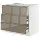 Modern kitchen cabinet with 3 gold drawers and sleek handles.