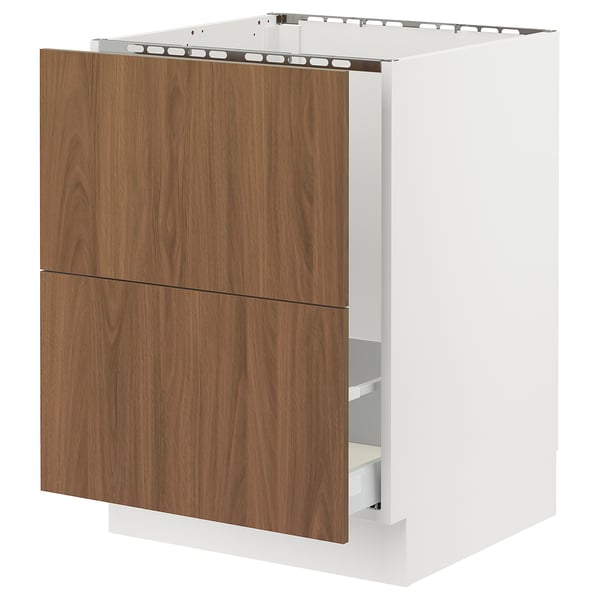 Walnut-colored cabinet with two drawers on left, white frame, modern design.