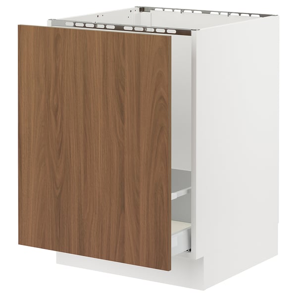 SEKTION modern kitchen unit, white base, walnut door, square shape.