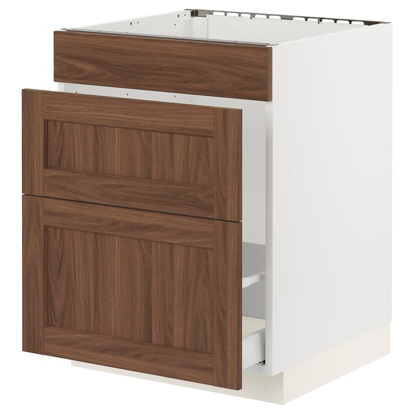 SEKTION kitchen cabinet with walnut-brown wood grain panels on white base.