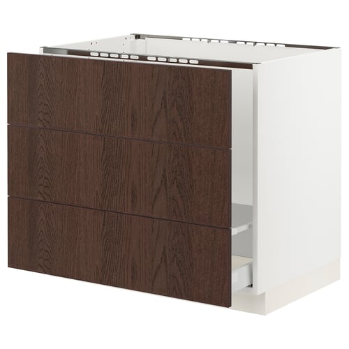 Dark brown oak-veiled kitchen cabinet in seektion system, featuring three drawers and a sleek design with sturdy construction.